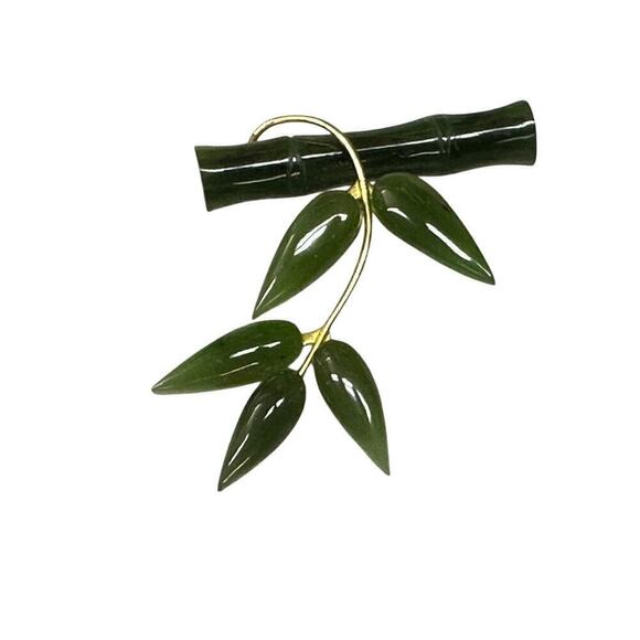 Vintage Jade and Gold Brooch 2" long Bamboo Branch and Leaf design - Picture 2 of 5